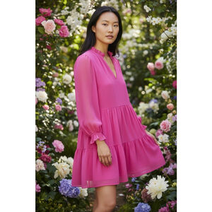 Vince Camuto Hot Pink Tiered Chiffon Mini Dress Sheer Sleeves Ruffle Collar Sz L